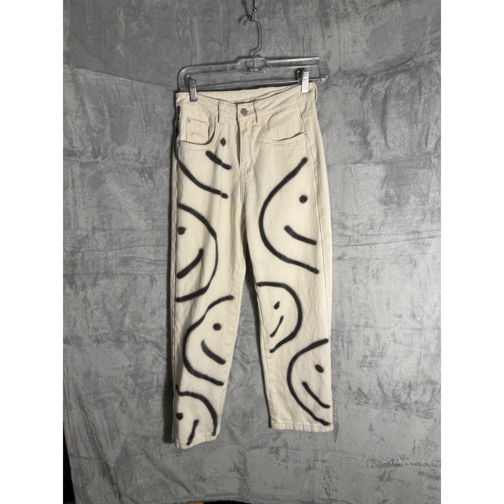 Cider Womens Cream Smiley Face Graphic Straight Leg Jeans Off White Size S